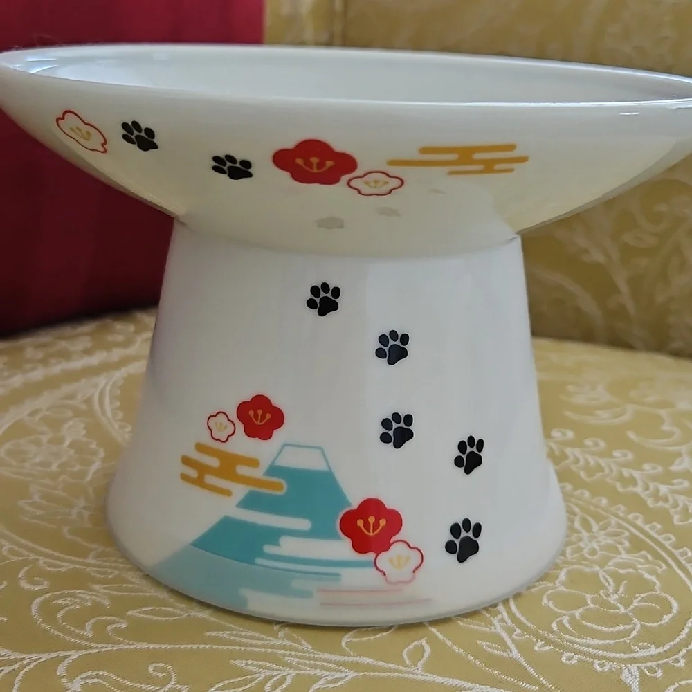 Porcelain Cat Bowl with Floral and Fuji Print Design